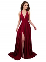 Borgoña línea A Halter Cuello en V Spandex Largo Formales Vestidos de dama de honor / Vestidos de fiesta
