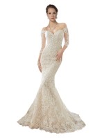 Marfil & Champán Sirena Hombros Descubiertos Cola capilla Tul Encaje Vestidos de novia