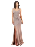 Rosa empolvado Sirena Cuello en V Crepé Elástico Largo Formales Vestidos de dama de honor / Vestidos de fiesta
