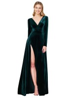 Verde oscuro línea A Cuello en V Barrer tren Terciopelo Elástico Largo Formales Vestidos de dama de honor / Vestidos de fiesta