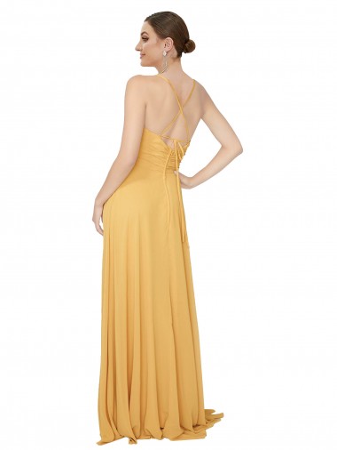 Açafrão Chiffon Linha A Abrir de volta Decote V Longo Vestidos de Madrinha