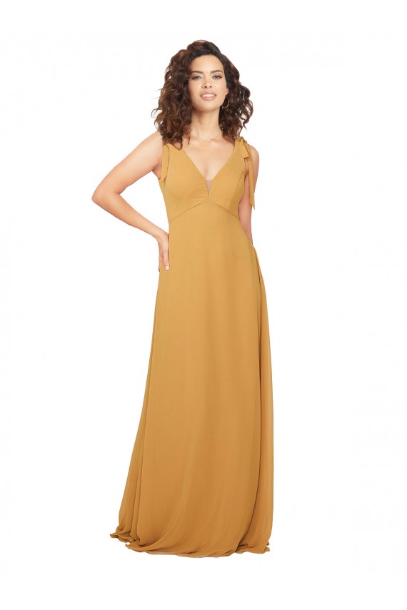 Açafrão Chiffon Linha A Buraco da fechadura Decote V Longo Vestidos de Madrinha Acessíveis