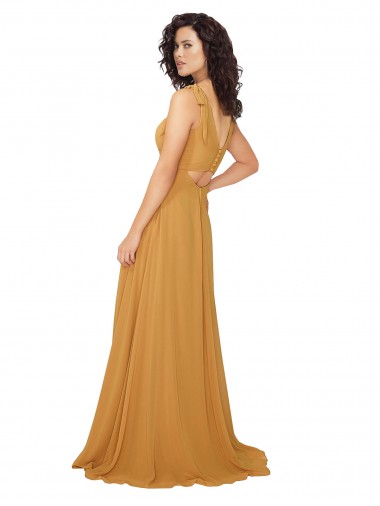 Açafrão Chiffon Linha A Buraco da fechadura Decote V Longo Vestidos de Madrinha