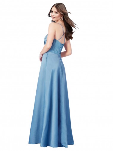 Azul Celeste Bainha Alças finas Cetim Longo Formais Vestidos de Madrinha / Vestidos de Festa