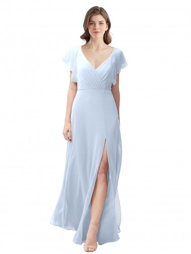 Azul Céu Claro Chiffon Linha A Abrir de volta Decote V Longo Vestidos de Madrinha