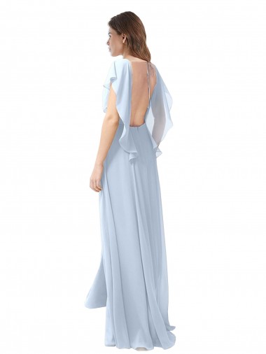 Azul Céu Claro Chiffon Linha A Abrir de volta Decote V Longo Vestidos de Madrinha