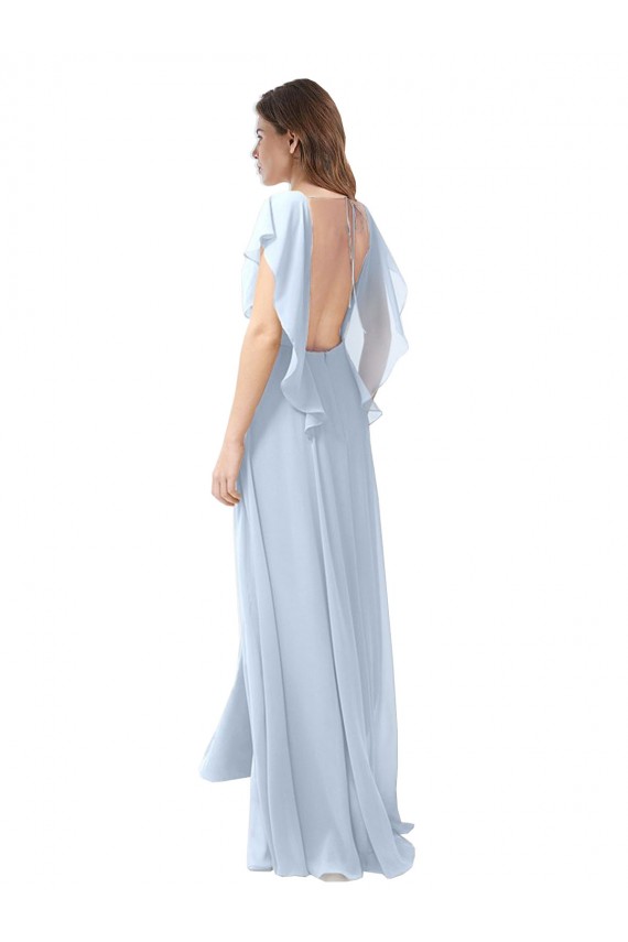 Azul Céu Claro Chiffon Linha A Abrir de volta Decote V Longo Vestidos de Madrinha Acessíveis