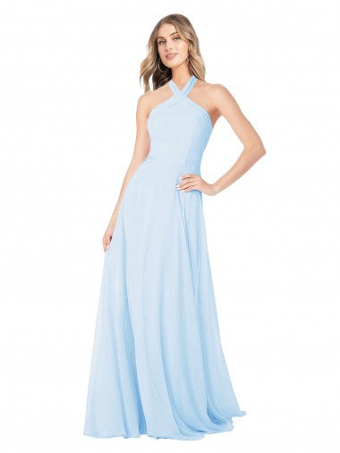 Azul Céu Claro Chiffon Linha A Decote Alto Longo Vestidos de Madrinha