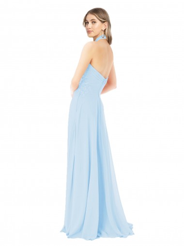 Azul Céu Claro Chiffon Linha A Decote Alto Longo Vestidos de Madrinha