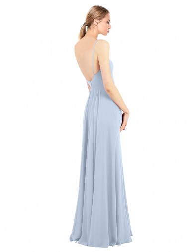 Azul Céu Claro Chiffon Linha A Lombar Decote Quadrado Longo Vestidos de Madrinha