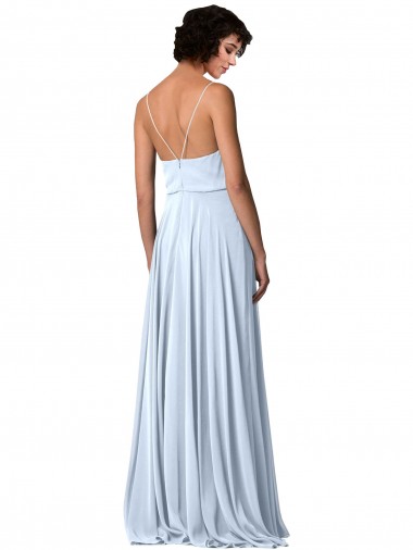 Azul Céu Claro Chiffon Linha A Lombar Decote V Longo Vestidos de Madrinha