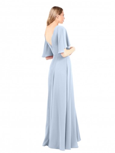 Azul Céu Claro Chiffon Linha A Mangas Esvoaçantes Decote V Longo Vestidos de Madrinha