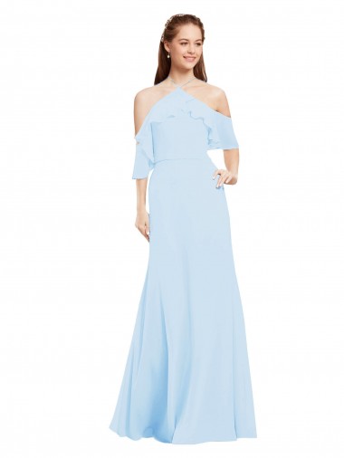 Azul Céu Claro Chiffon Linha A Ombro Frio Cabeçada Longo Vestidos de Madrinha