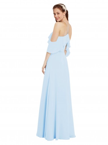 Azul Céu Claro Chiffon Linha A Ombro Frio Cabeçada Longo Vestidos de Madrinha