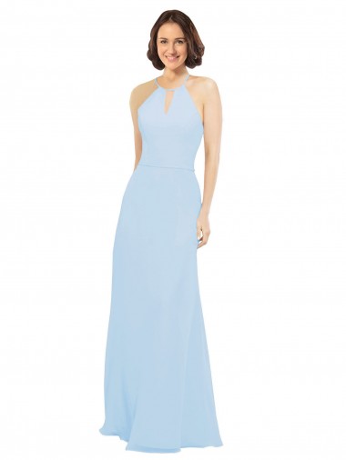 Azul Céu Claro Chiffon Linha A Sem Mangas Cabeçada Longo Vestidos de Madrinha