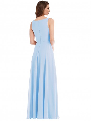 Azul Céu Claro Chiffon Linha A Sem Mangas Decote V Longo Vestidos de Madrinha