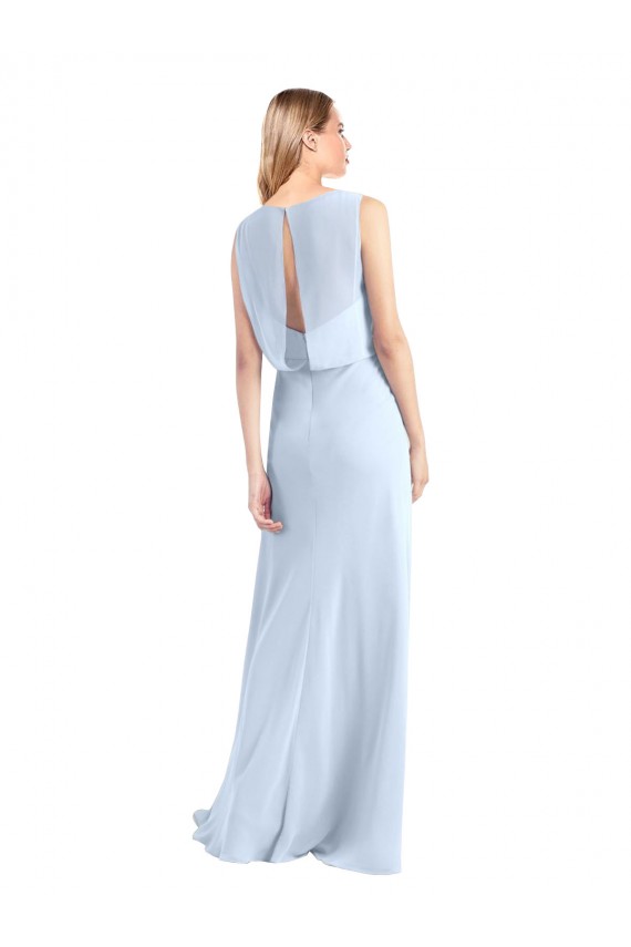 Azul Céu Claro Chiffon Sem Mangas Decote V Linha A Longo Vestidos de Madrinha Acessíveis