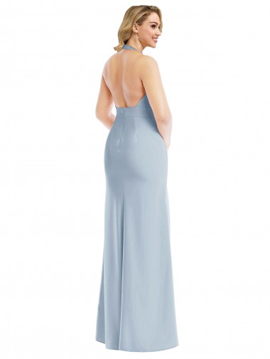 Azul Céu Claro Crepe Esticado Trombeta Abrir de volta Cabeçada Longo Vestidos de Madrinha / Vestidos de Festa