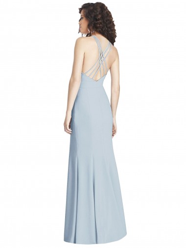 Azul Céu Claro Crepe Esticado Trombeta Criss Cruz Cabeçada Longo Vestidos de Madrinha / Vestidos de Festa