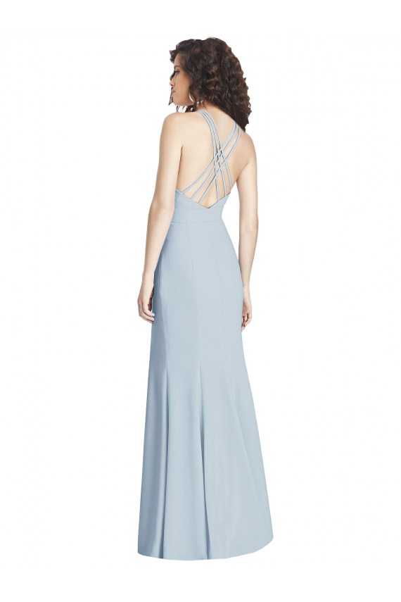 Azul Céu Claro Crepe Esticado Trombeta Criss Cruz Cabeçada Longo Vestidos de Madrinha / Vestidos de Festa
