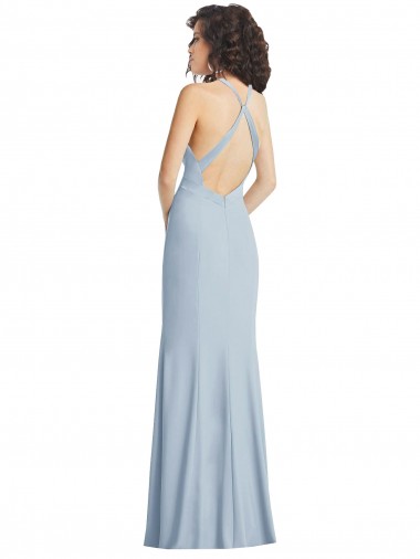 Azul Céu Claro Crepe Esticado Trombeta Criss Cruz Decote Alto Longo Formais Vestidos de Madrinha / Vestidos de Noite / Vestidos de Festa