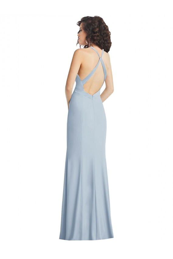 Azul Céu Claro Crepe Esticado Trombeta Criss Cruz Decote Alto Longo Formais Vestidos de Madrinha / Vestidos de Noite / Vestidos de Festa