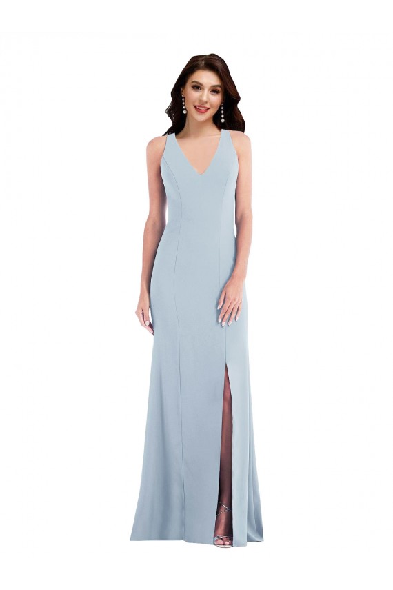 Azul Céu Claro Crepe Esticado Trombeta Criss Cruz Decote V Longo Vestidos de Madrinha / Vestidos de Festa