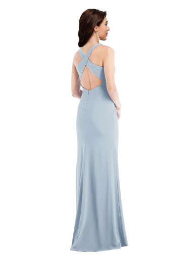 Azul Céu Claro Crepe Esticado Trombeta Criss Cruz Decote V Longo Vestidos de Madrinha / Vestidos de Festa