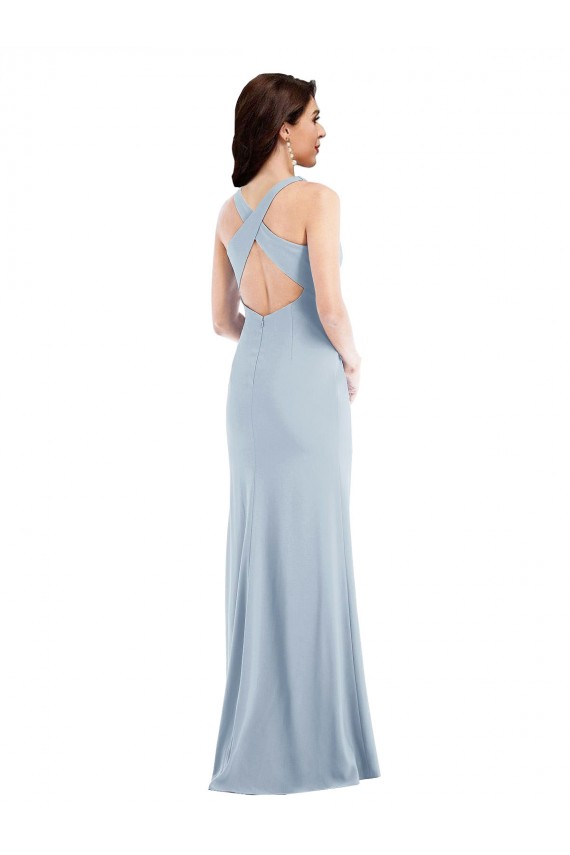 Azul Céu Claro Crepe Esticado Trombeta Criss Cruz Decote V Longo Vestidos de Madrinha / Vestidos de Festa