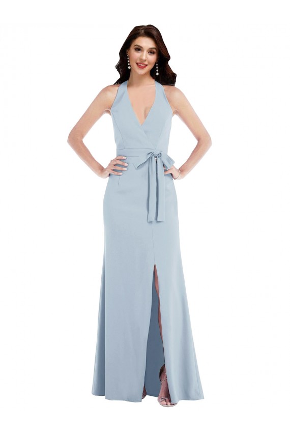 Azul Céu Claro Linha A Cabeçada Crepe Esticado Longo Formais Vestidos de Madrinha / Vestidos de Festa