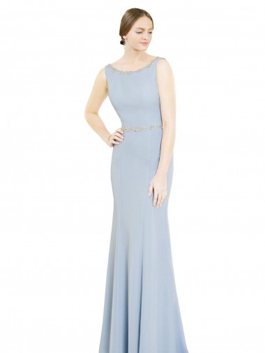 Azul Céu Claro Linha A Decote Barco Chiffon Longo Vestidos de Madrinha