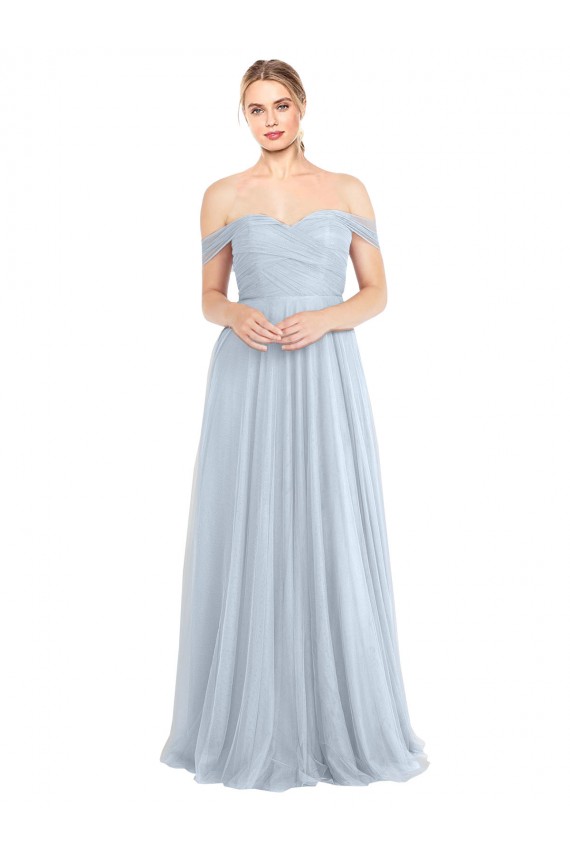 Azul Céu Claro Linha A Fora do Ombro Tule Longo Vestidos de Madrinha