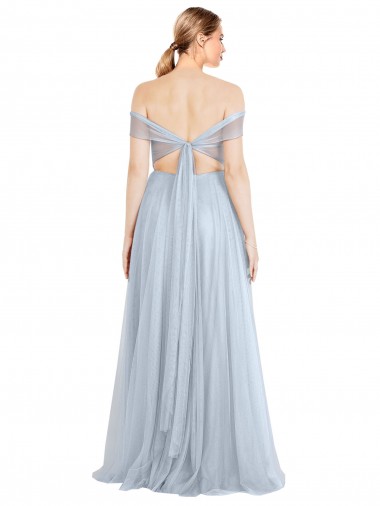 Azul Céu Claro Linha A Fora do Ombro Tule Longo Vestidos de Madrinha