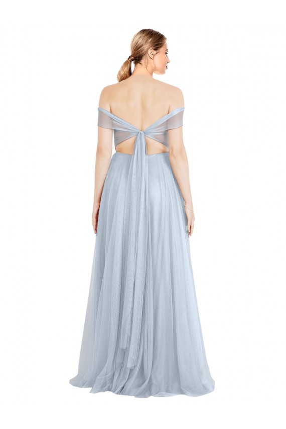 Azul Céu Claro Linha A Fora do Ombro Tule Longo Vestidos de Madrinha