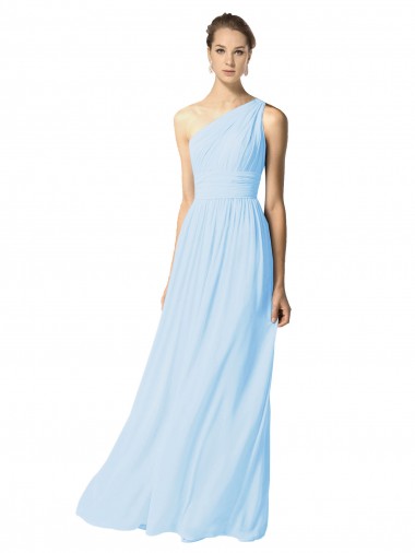 Azul Céu Claro Linha A Um Ombro Chiffon Longo Vestidos de Madrinha