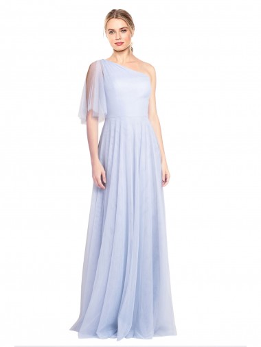 Azul Céu Claro Linha A Um Ombro Tule Longo Vestidos de Madrinha
