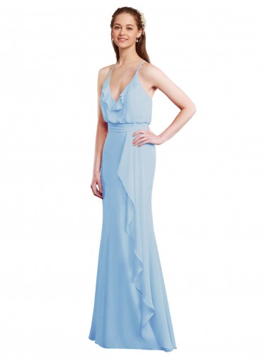 Azul Céu Claro Sereia Alças finas Chiffon Longo Vestidos de Madrinha