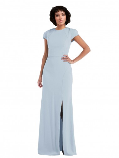 Azul Céu Claro Trombeta Decote Joia Crepe Esticado Longo Vestidos de Madrinha