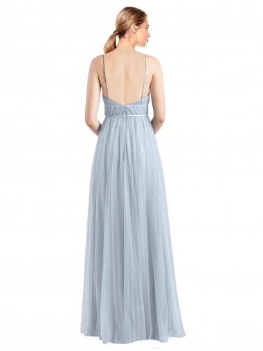 Azul Céu Claro Tule Linha A Abrir de volta Decote V Longo Vestidos de Madrinha