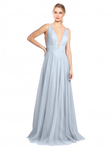 Azul Céu Claro Tule Linha A Costas em V Decote V Longo Vestidos de Madrinha