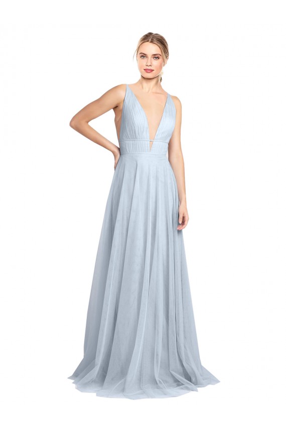 Azul Céu Claro Tule Linha A Costas em V Decote V Longo Vestidos de Madrinha