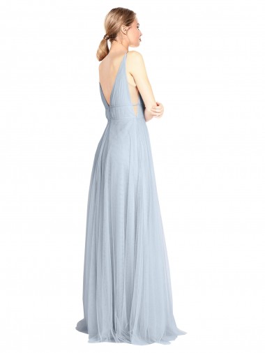 Azul Céu Claro Tule Linha A Costas em V Decote V Longo Vestidos de Madrinha