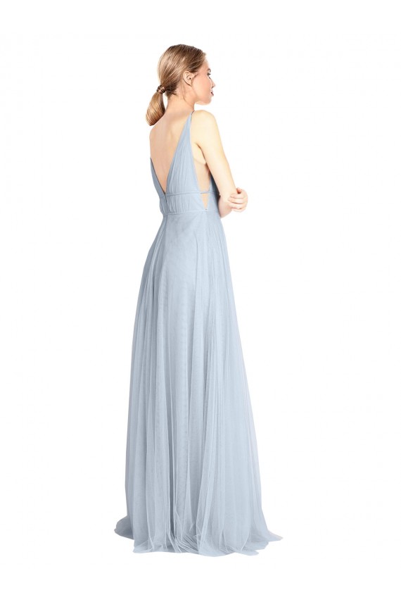 Azul Céu Claro Tule Linha A Costas em V Decote V Longo Vestidos de Madrinha