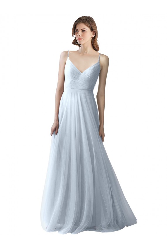 Azul Céu Claro Tule Linha A Decote V Longo Vestidos de Madrinha