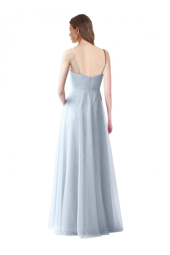Azul Céu Claro Tule Linha A Decote V Longo Vestidos de Madrinha