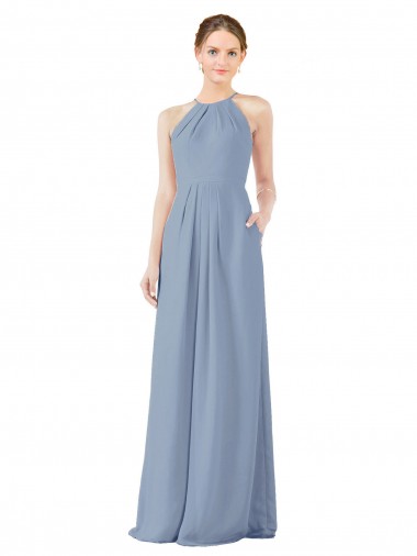 Azul Empoeirado Bainha Cabeçada Chiffon Longo Vestidos de Madrinha