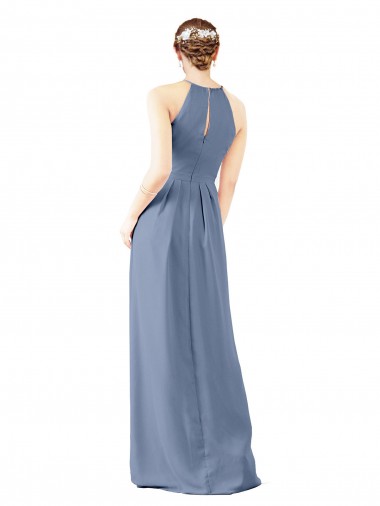 Azul Empoeirado Bainha Cabeçada Chiffon Longo Vestidos de Madrinha