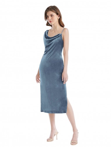 Azul Empoeirado Bainha Um Ombro Veludo Elástico Longo Vestidos de Madrinha / Vestidos de Festa