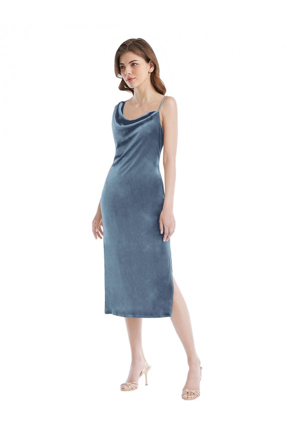 Azul Empoeirado Bainha Um Ombro Veludo Elástico Longo Vestidos de Madrinha / Vestidos de Festa