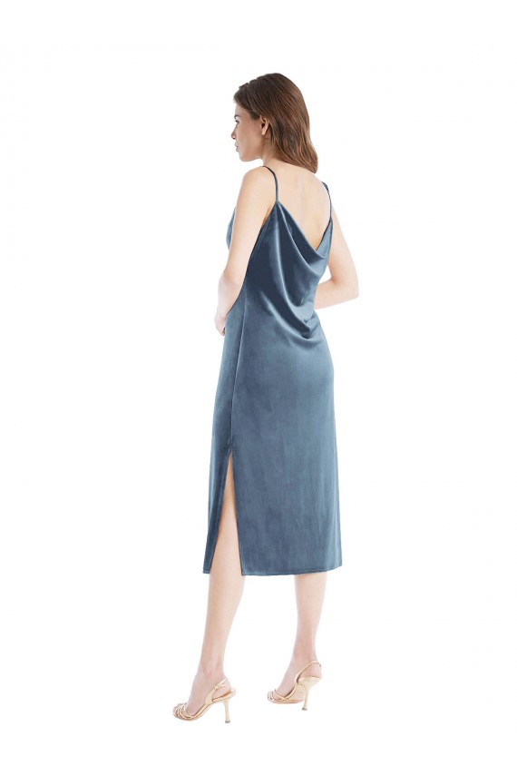Azul Empoeirado Bainha Um Ombro Veludo Elástico Longo Vestidos de Madrinha / Vestidos de Festa